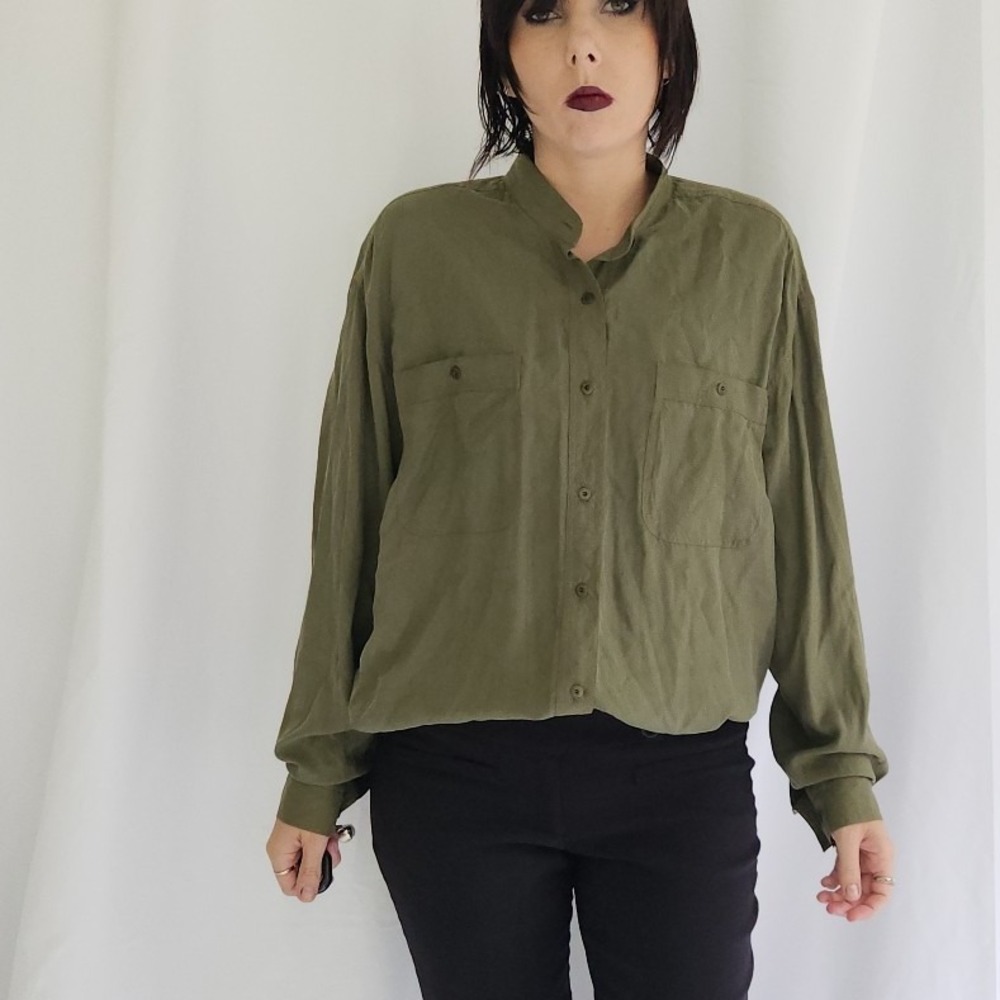 90s Hunt Club Green Silk Button Down Shirt